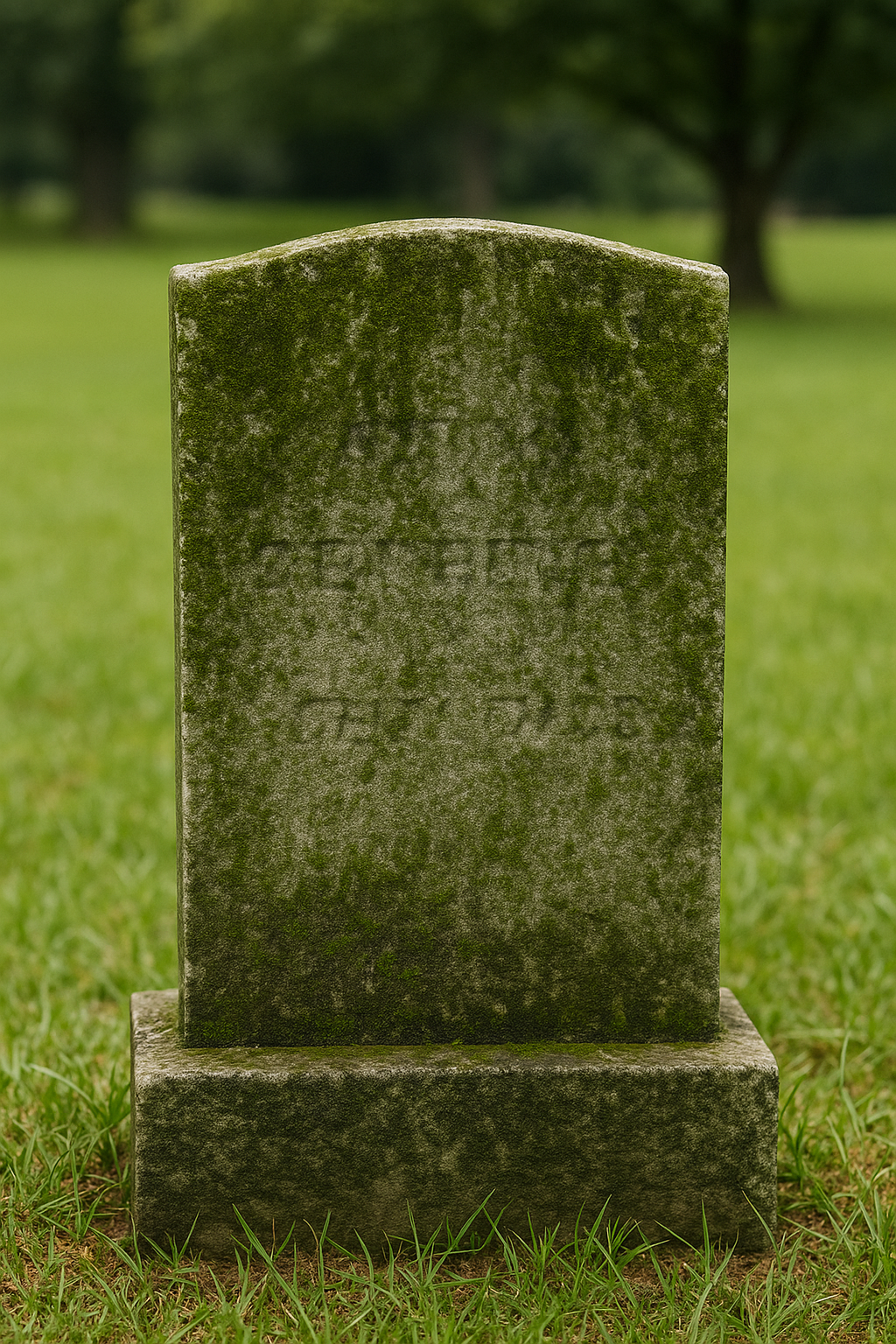 Dirty headstone covered in moss and lichen